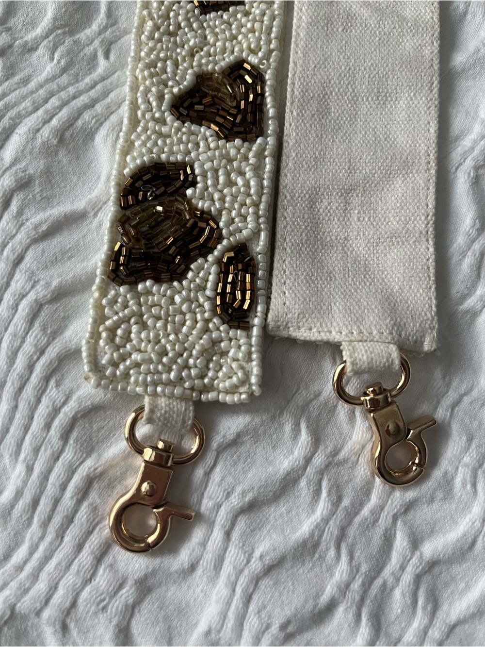 Beaded White Bag Strap with Gold Accents